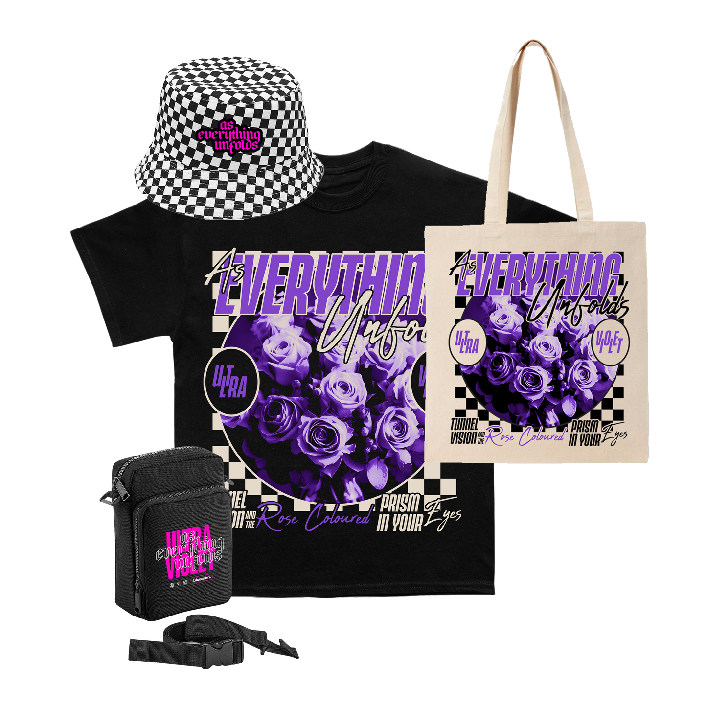 Tunnel Vision Tee + Bucket Hat + Shoulder Bag + Tote Bag